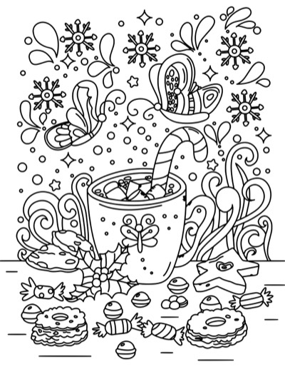 Coloring page of a mug of cocoa with snowflakes and butterflies. Bold version, with thicker lines.